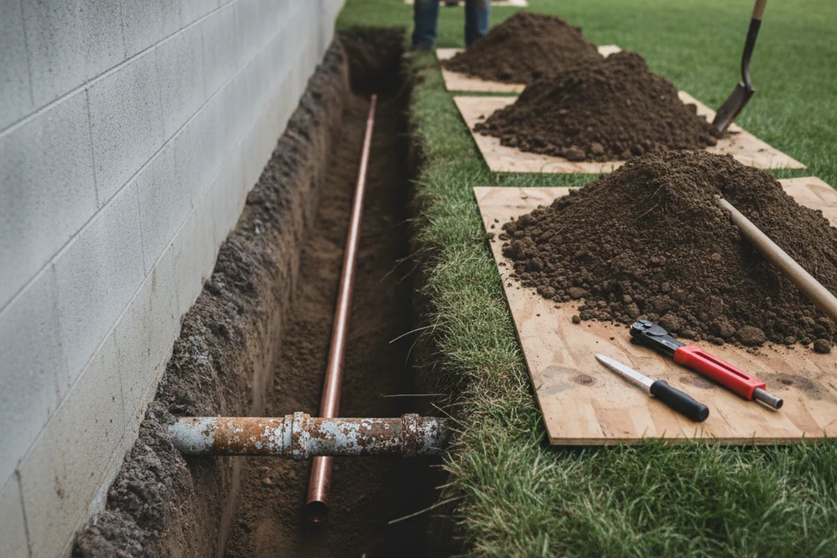 Excavated water line trench during Sewer Line Repair in Buchanan